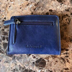 blue faux leather bifold wallet with a zipper pocket, by Safe Keeper